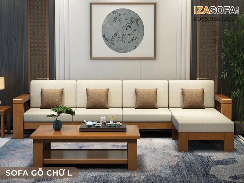 Ghế sofa gỗ sồi góc chữ L tông màu tự nhiên