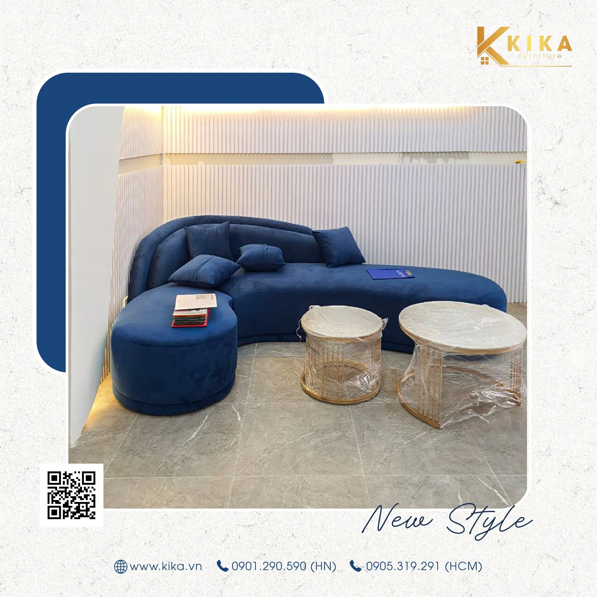 Ghế sofa cong bọc nỉ màu xanh trẻ trung nổi bật