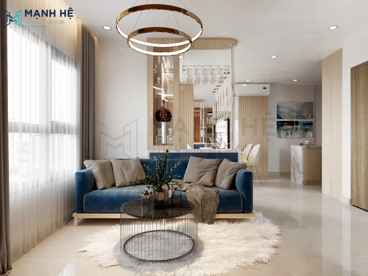 Bộ sofa nệm vải nhung màu xanh đẳng cấp cho căn hộ chung cư