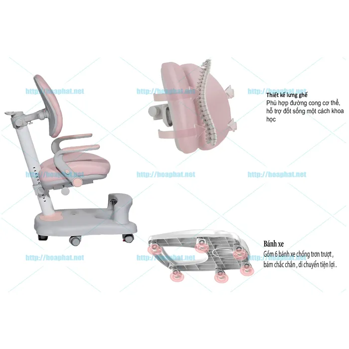 Mặt bên của ghế ngồi học sinh Hòa Phát GHS50 cho thấy cơ chế điều chỉnh và bánh xe