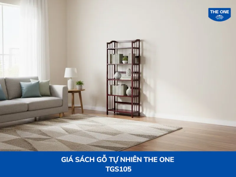 Giá sách gỗ tự nhiên The One TGS105 phối hợp hoàn hảo với phong cách Japandi, tạo không gian tối giản nhưng ấm cúng