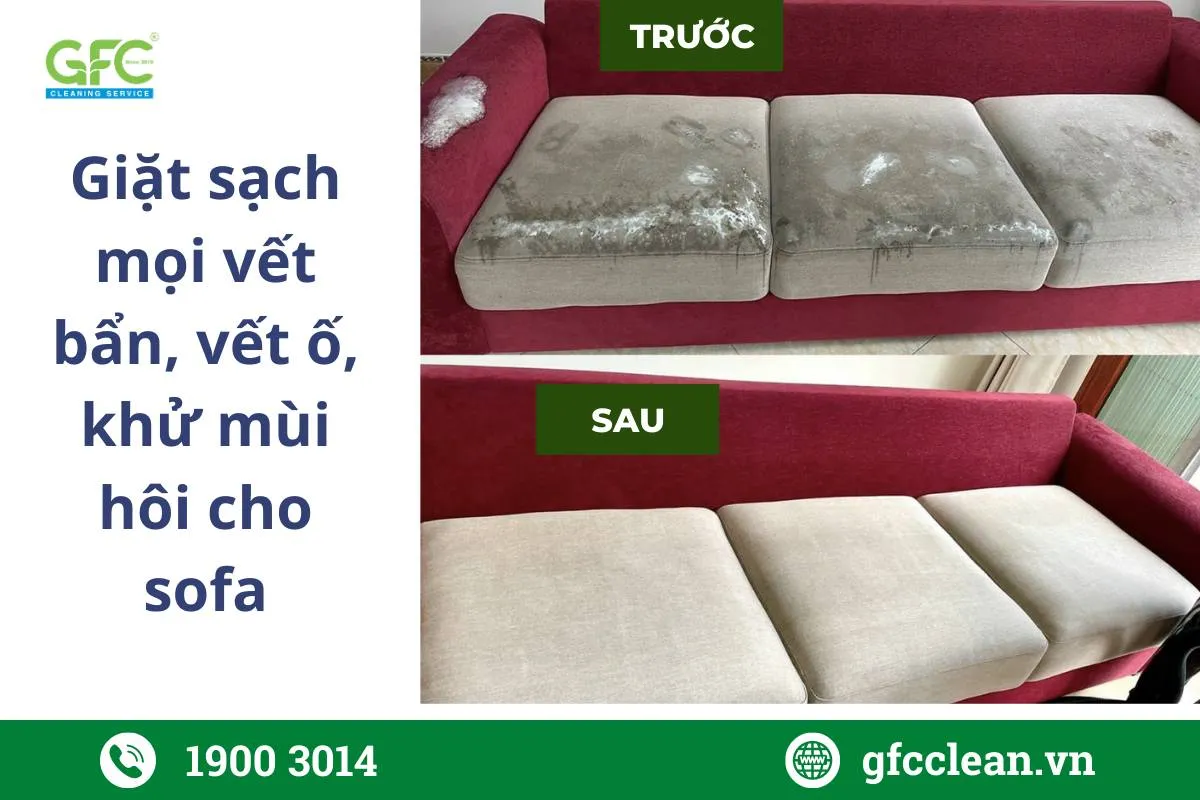 Nhân viên GFC CLEAN đang sử dụng máy hơi nước nóng công nghệ Nhật Bản để giặt sâu ghế sofa vải tại nhà khách hàng Gò Vấp