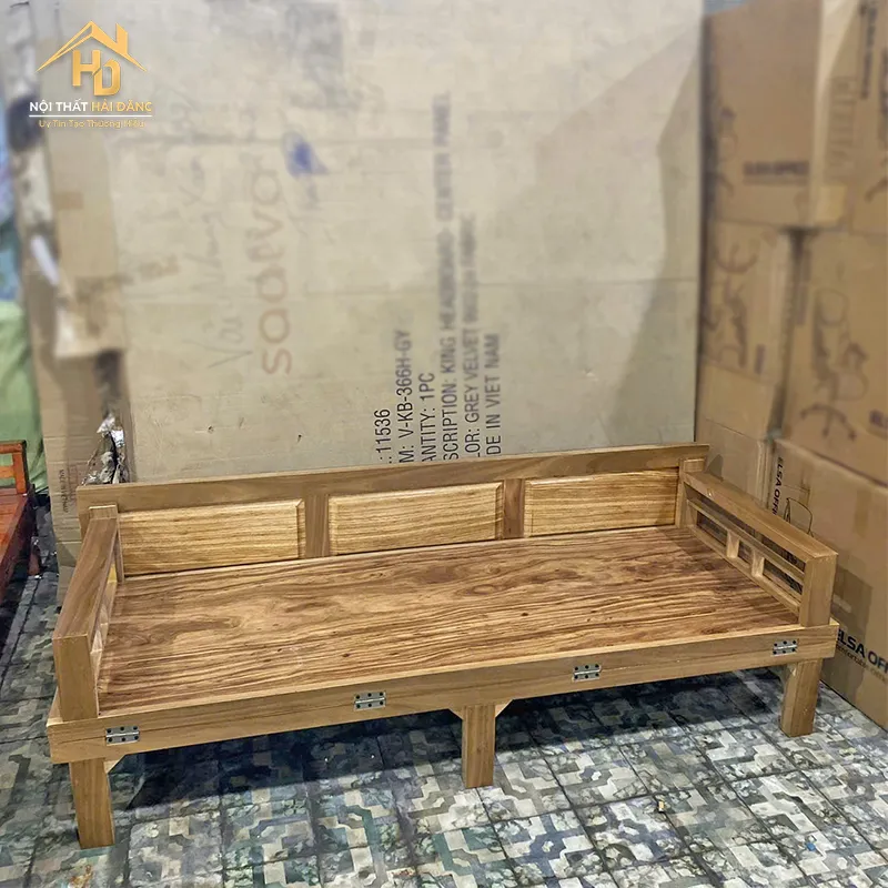 Giường gấp gỗ màu xám, có cơ chế gấp lên tường