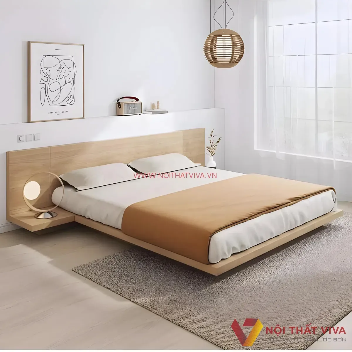 Giường ngủ thấp kiểu Nhật bay gỗ công nghiệp, thiết kế tối giản hiện đại
