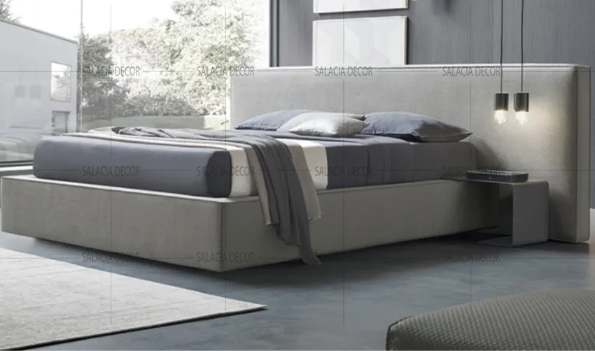 Giường gỗ sồi tự nhiên, đầu giường bọc nệm vải nhung xám