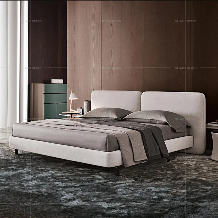 Giường đầu bọc nệm vải nhung, tông màu ấm áp