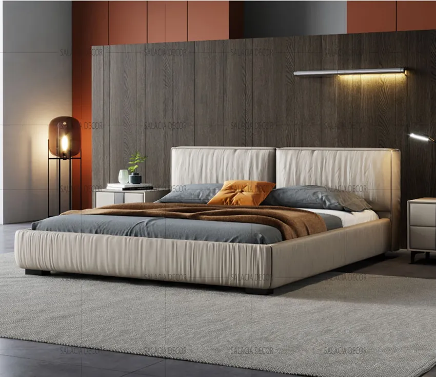 Giường gỗ sồi màu nâu, kết hợp kim loại đen