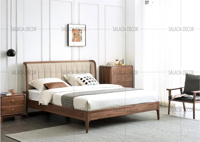 Giường gỗ tự nhiên phong cách Vintage, đầu giường đơn giản