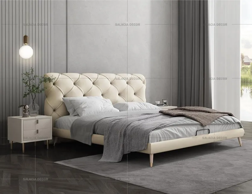 Giường tân cổ điển đầu bọc nệm cao, màu trắng kem