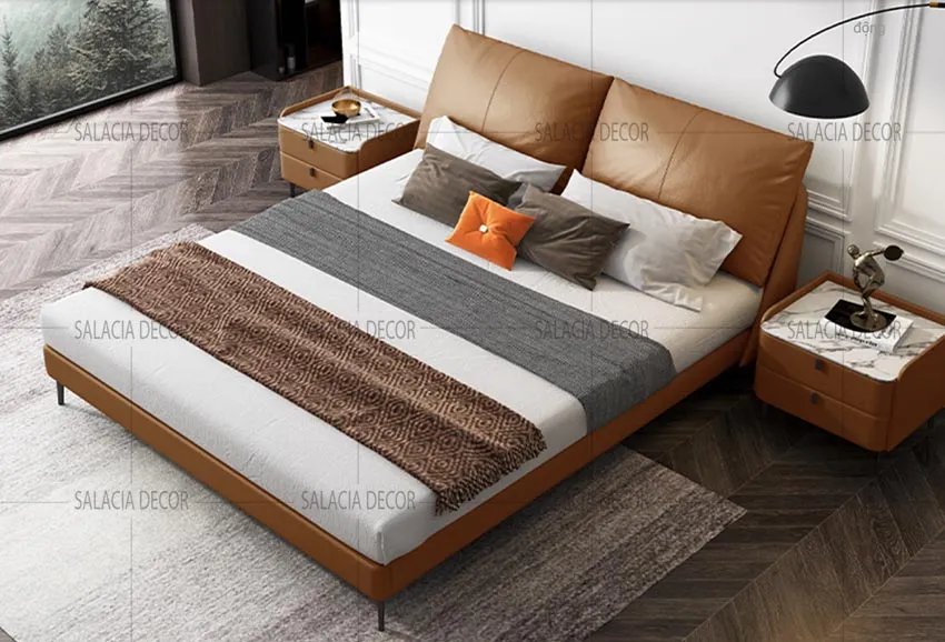 Giường kiểu Vintage với đầu giường bọc da