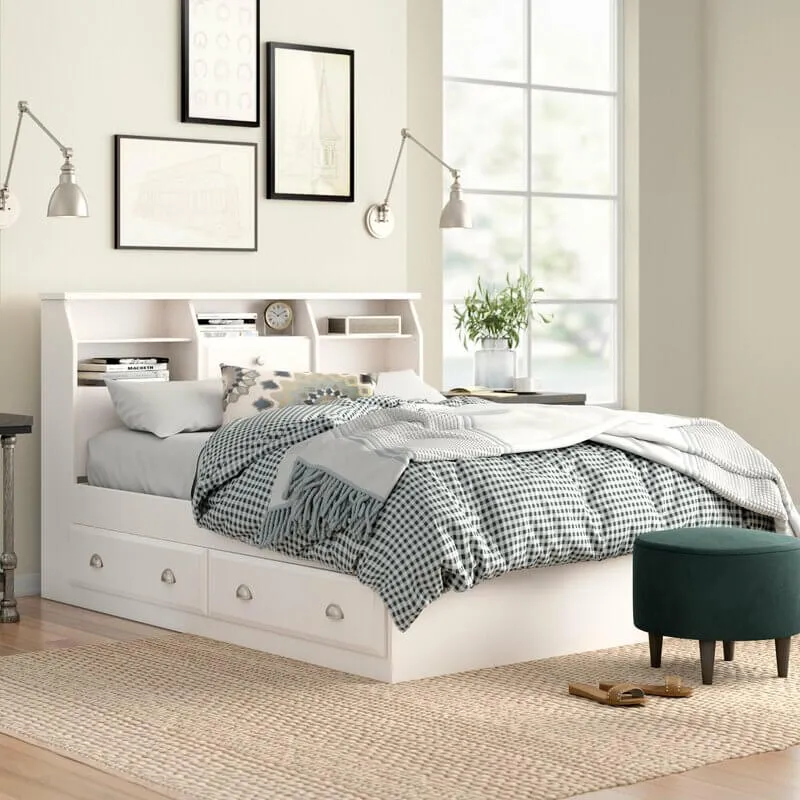 giường ngủ gỗ công nghiệp màu trắng có tab đầu giường