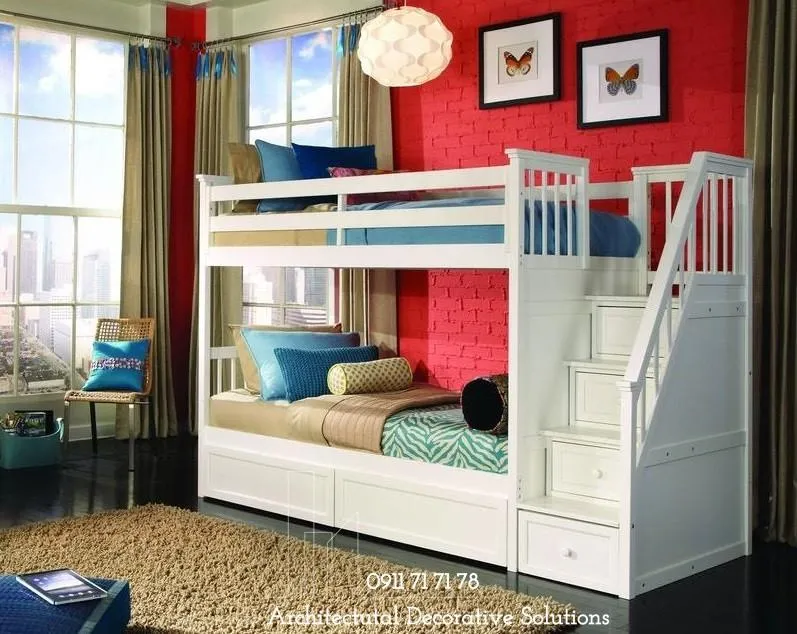 Giường gỗ 2 tầng người lớn màu trắng thiết kế tối giản