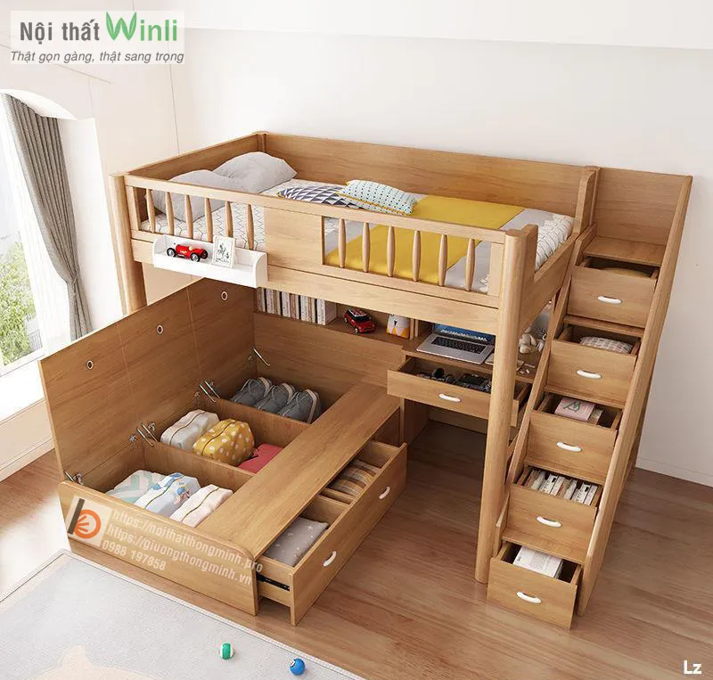 Chi tiết giường hộp thông minh và bàn học gỗ tự nhiên cho bé