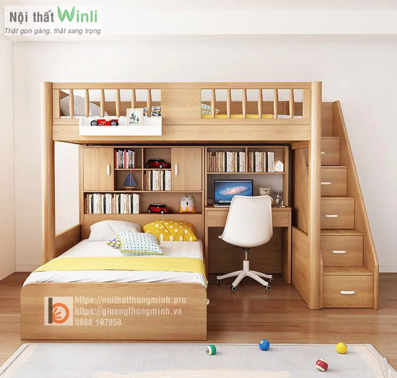 Giường tầng có bàn học gỗ tự nhiên tích hợp không gian học tập cho bé