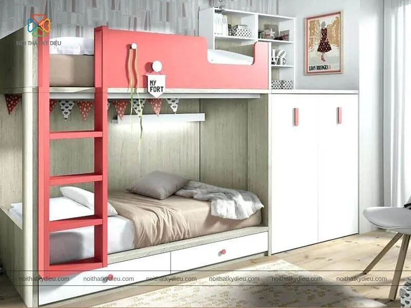 Giường tầng kết hợp tủ quần áo cho bé gái