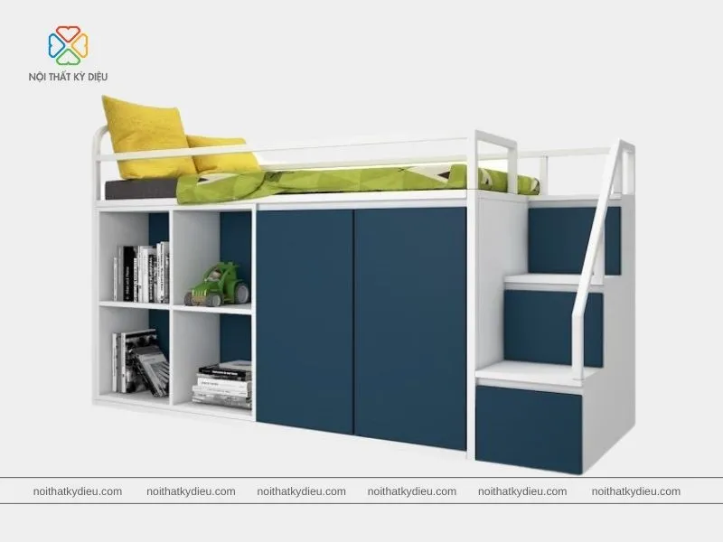 Thiết kế giường tầng màu xanh đảm bảo yêu cầu tích hợp tủ quần áo tiện lợi, đầy đủ tiện nghi