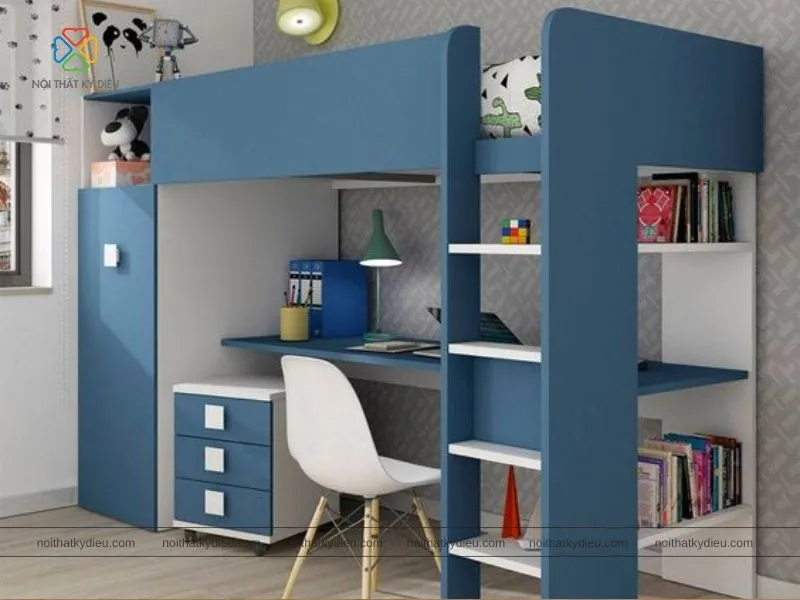 Giường tầng kết hợp tủ quần áo với màu xanh tươi mát