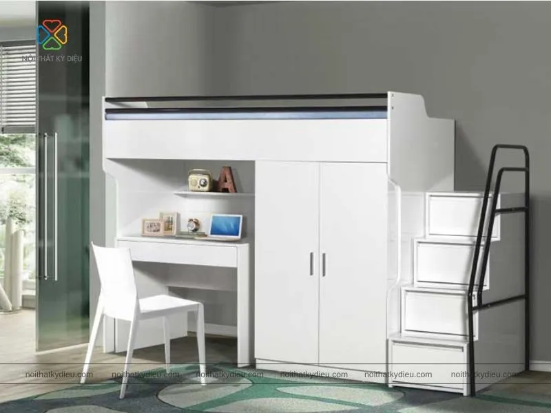 Thiết kế giường tầng với góc làm việc ngay phía dưới