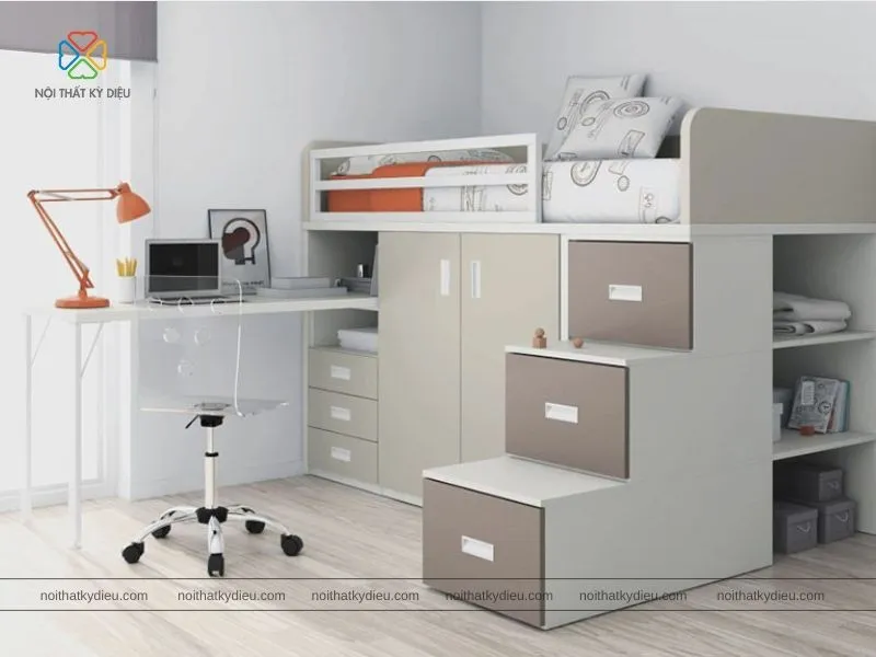 Giường tầng liền tủ tiết kiệm diện tích phòng tối đa với nhiều hộc tủ lưu trữ đồ