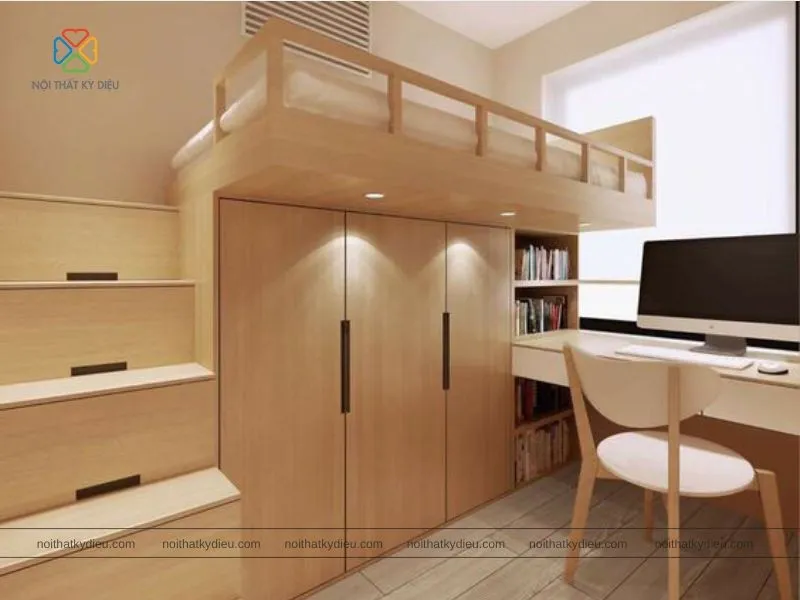Giường tầng kết hợp tủ quần áo chất liệu gỗ độc đáo