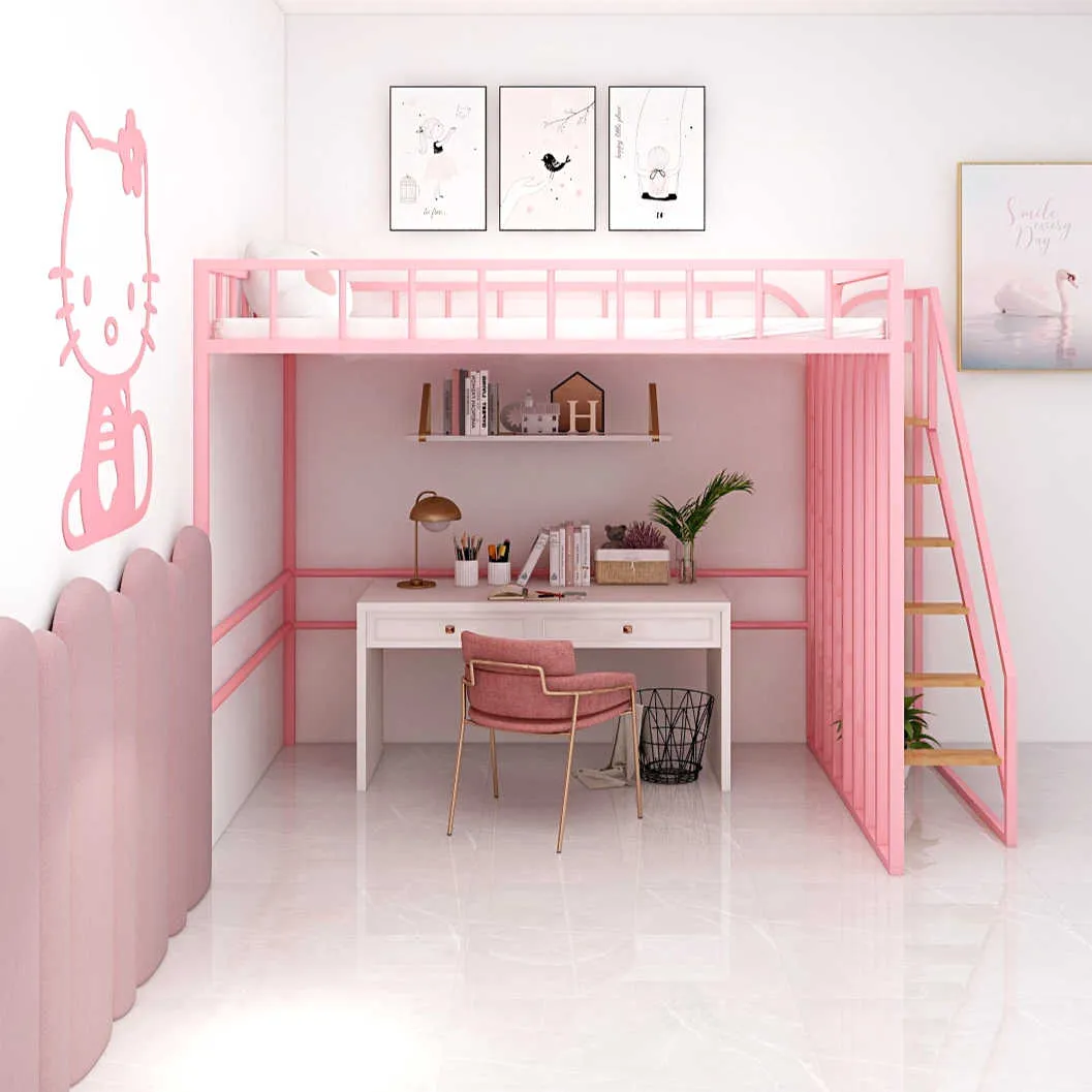 Mẫu 6. Thiết kế theo hình ảnh chú mèo Hello Kitty với giường tầng màu hồng dành cho bé gái vô cùng dễ thương.