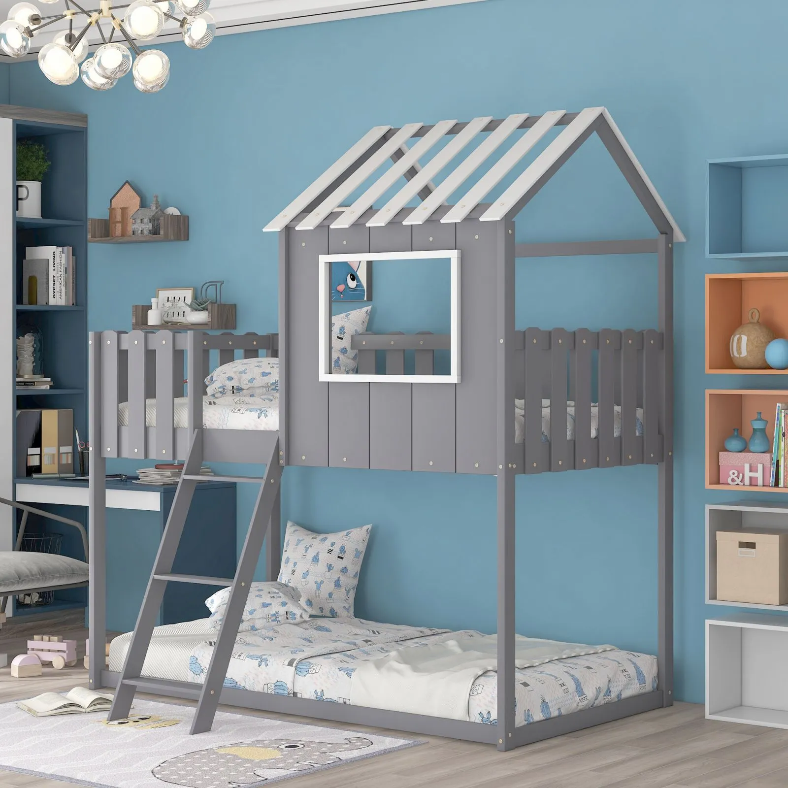 Mẫu 19. Phòng ngủ chung cho bé trai và gái với màu sắc căn phòng mang phong cách gần gũi và giường được thiết kế vô cùng tinh tế.