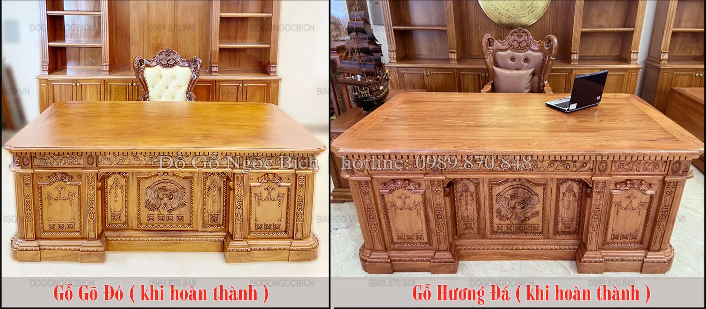 Bàn làm việc gỗ gõ đỏ và gỗ hương đá sau hoàn thiện, thể hiện sự khác biệt về màu sắc và vân gỗ tự nhiên