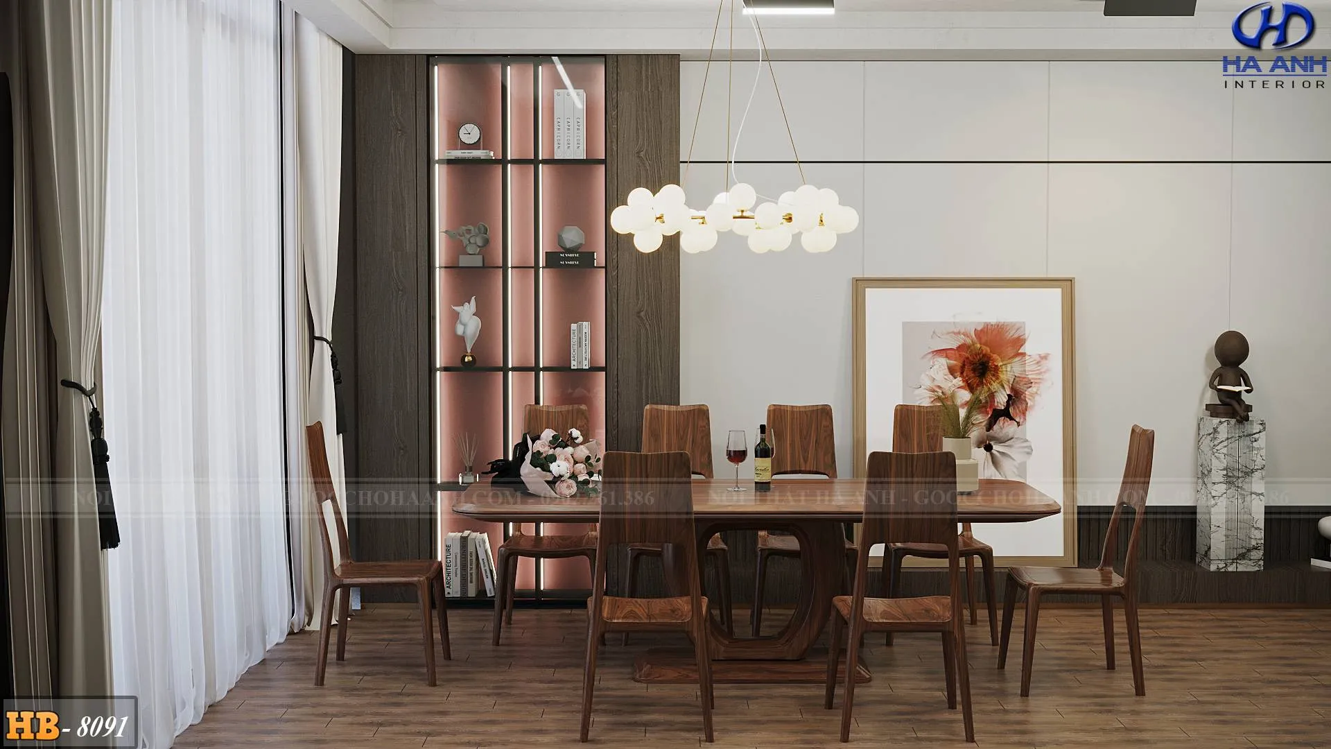 Bộ bàn ăn gỗ óc chó HB 8091 thiết kế tinh xảo, đường nét thanh lịch