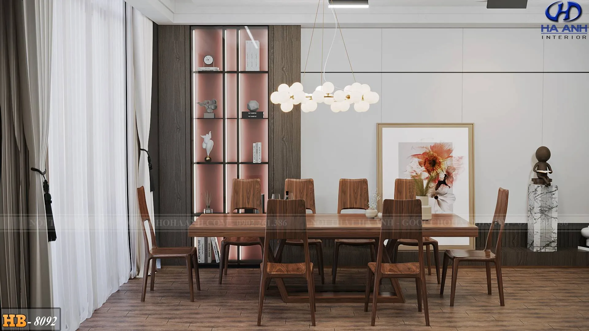 Bàn ăn gỗ óc chó HB 8092 với chân bàn đối xứng độc lạ, tăng tính nghệ thuật