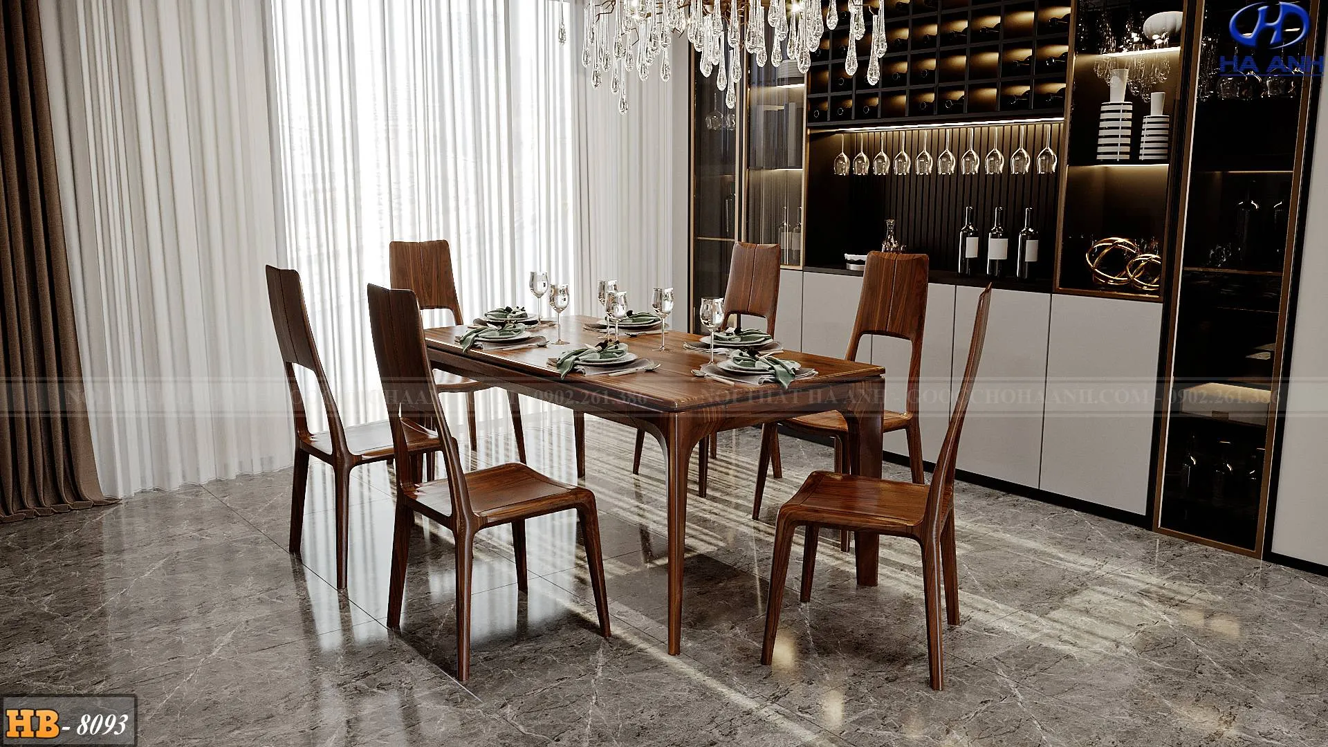 Mẫu bàn ăn gỗ óc chó HB 8093 mang phong cách mộc mạc, giản dị nhưng ấm cúng