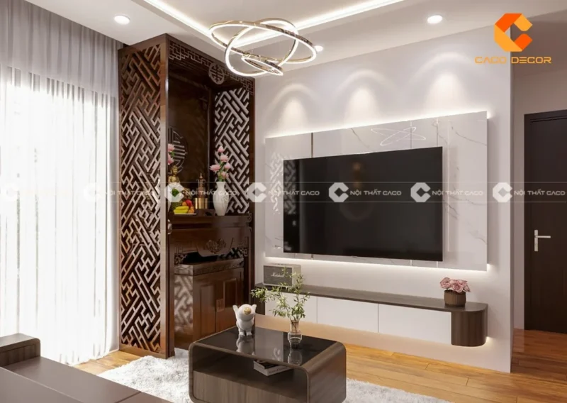 Hệ bàn thờ chung cư phối vách ngăn và tủ để đồ trang nghiêm