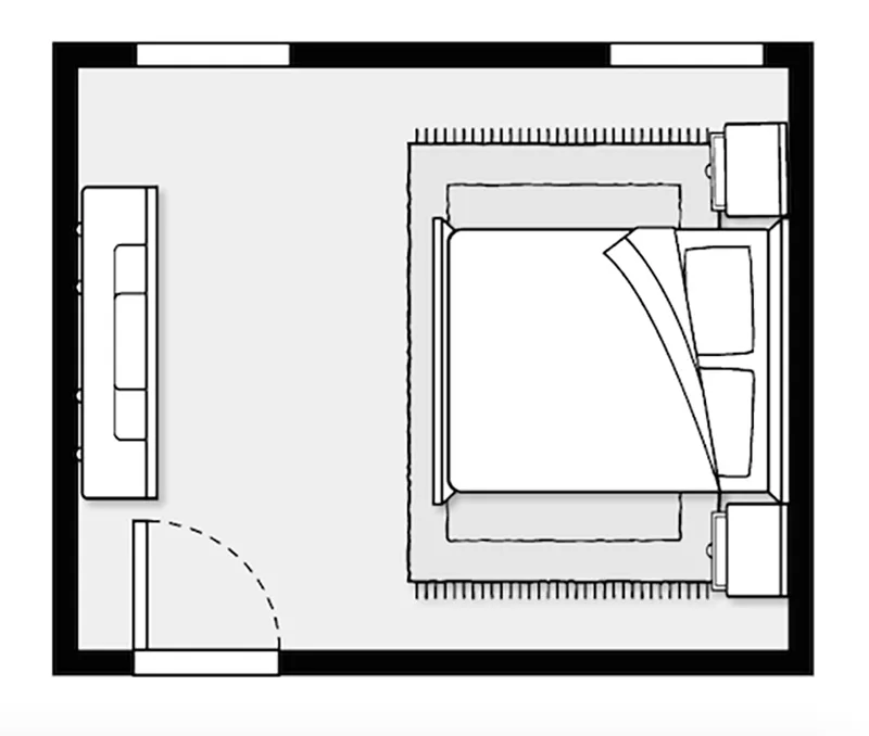 Đầu giường đặt cạnh cửa ra vào, ngăn cách bởi tủ để đồ nhỏ