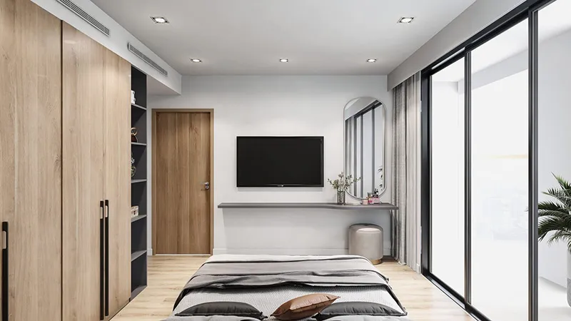 Không gian phía đối diện đầu giường hướng gia thông thoáng mang đến sự thoải mái cho người ngủ