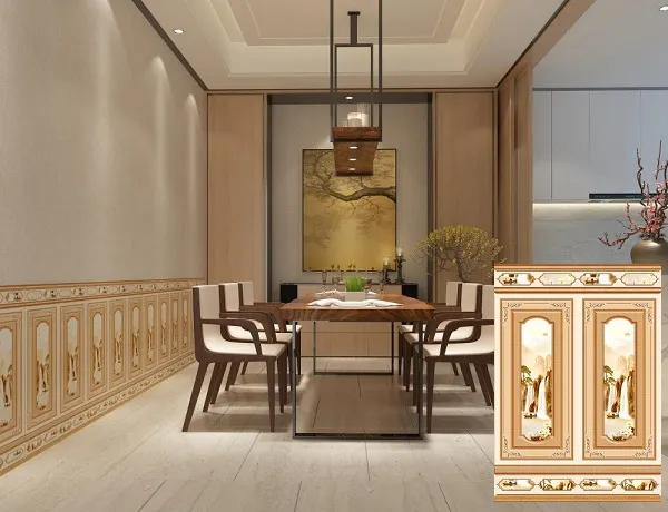 Cách phối màu và hình ảnh sống động trên nền gạch vân gỗ tạo nên không gian sang trọng, đẳng cấp