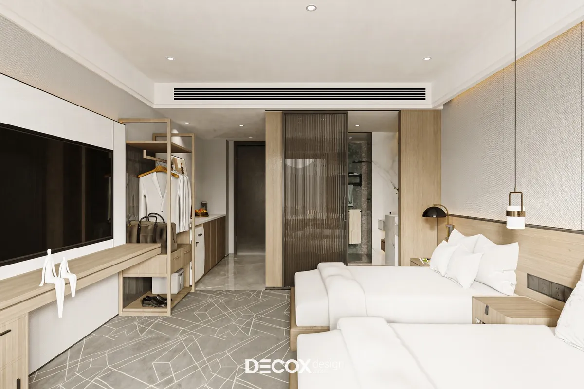 Tủ quần áo khách sạn kiểu mở kết hợp giá treo phong cách tối giản