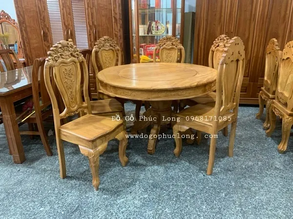 Bàn ăn gỗ xoan đào 6 ghế kiểu truyền thống với hoa văn chạm khắc tinh xảo
