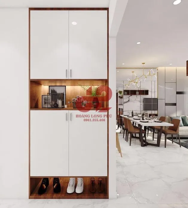 Tủ giày kịch trần kích thước nhỏ gọn với đèn LED âm trần và ô trống phía dưới