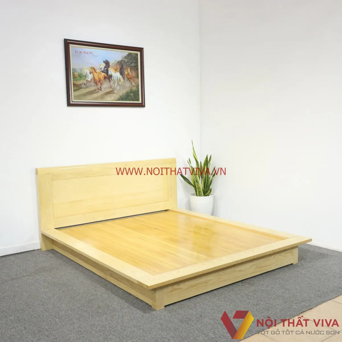 Mẫu giường ngủ bệt gỗ sồi Nga 1m6x2m màu tự nhiên có thiết kế kiểu Nhật tối giản