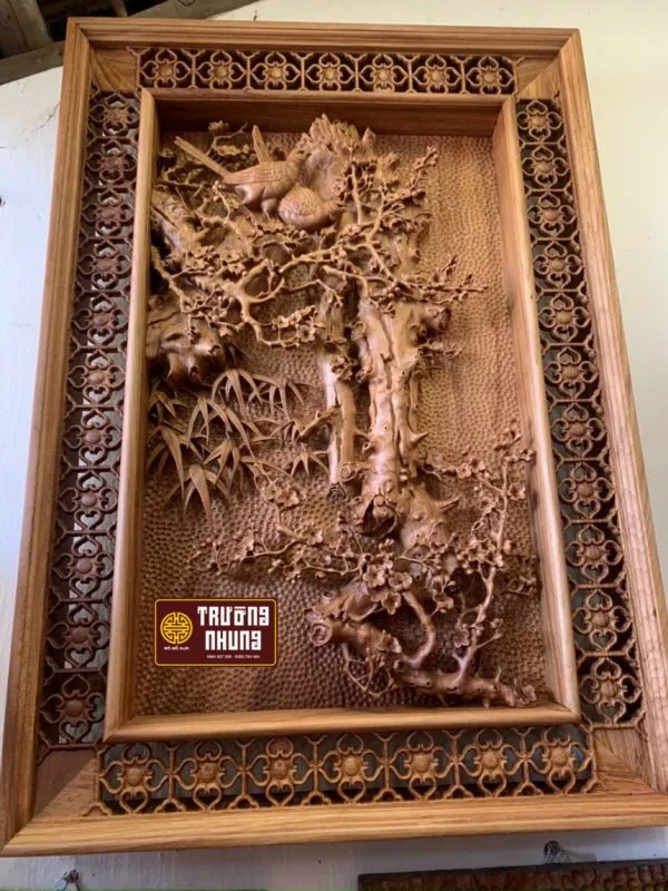 Mẫu tranh gỗ treo phòng khách đục chạm sắc nét tinh xảo