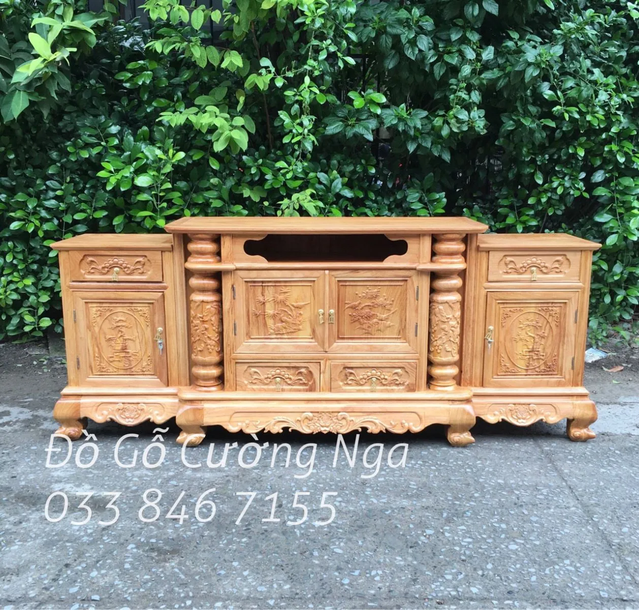 Kệ tivi gỗ gõ đỏ cao cấp chạm khắc tinh xảo