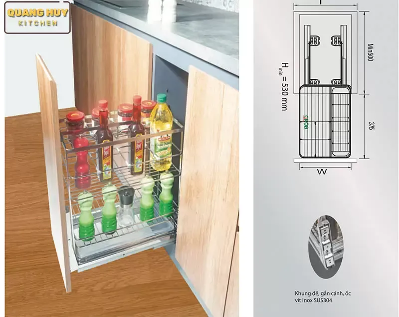 Tất cả các kệ đựng gia vị inox 304 lắp cho tủ bếp dưới đều yêu cầu chiều sâu lỗ tủ là ≥500mm, chiều cao là ≥530mm, khoảng không đặng trước để mở cánh tủ yêu cầu là ≥375mm