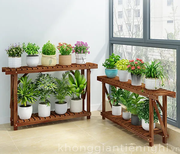 Kệ gỗ để cây cảnh trong nhà giúp không gian sống trở nên sinh động và hiện đại hơn