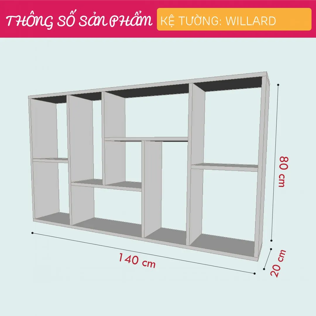 Giá sách treo tường bằng gỗ hiện đại Willard có thiết kế nhiều ngăn giúp tối ưu lưu trữ