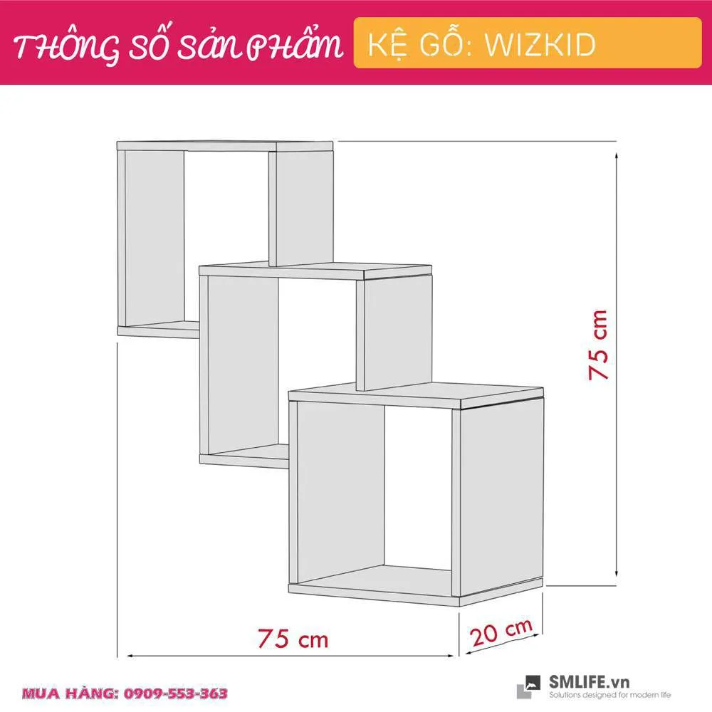 Ảnh minh họa các kích thước phổ biến của kệ sách treo tường bằng gỗ