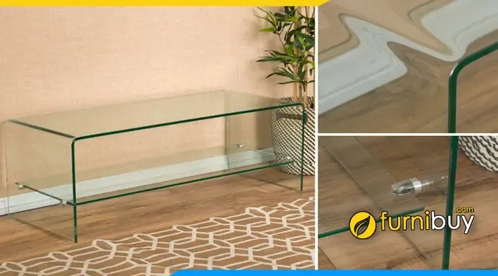 Kệ tivi kính xanh nhạt phong cách Japandi với khung thép đen mờ