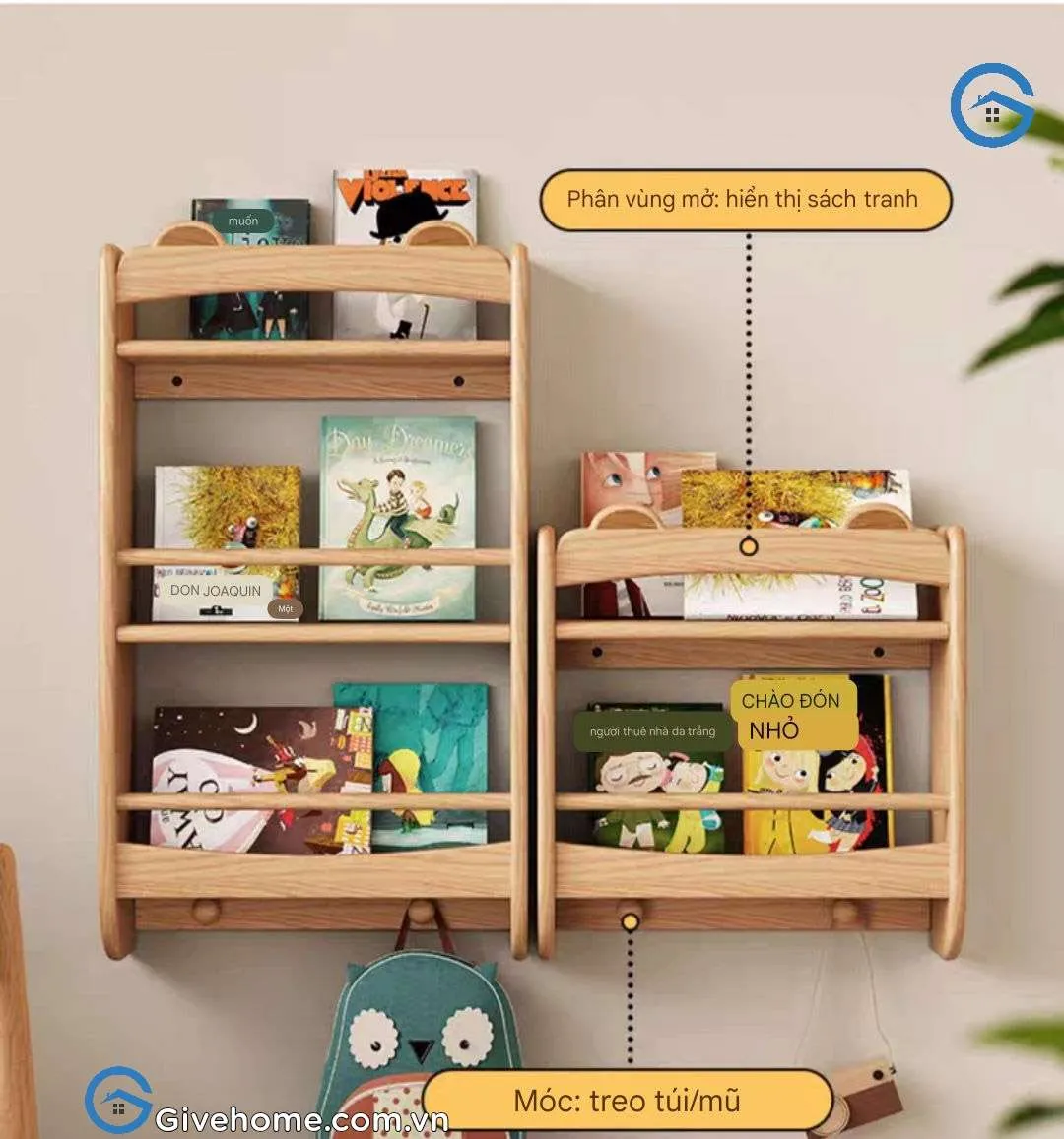 Góc nhìn tổng thể kệ sách treo tường bằng gỗ tự nhiên