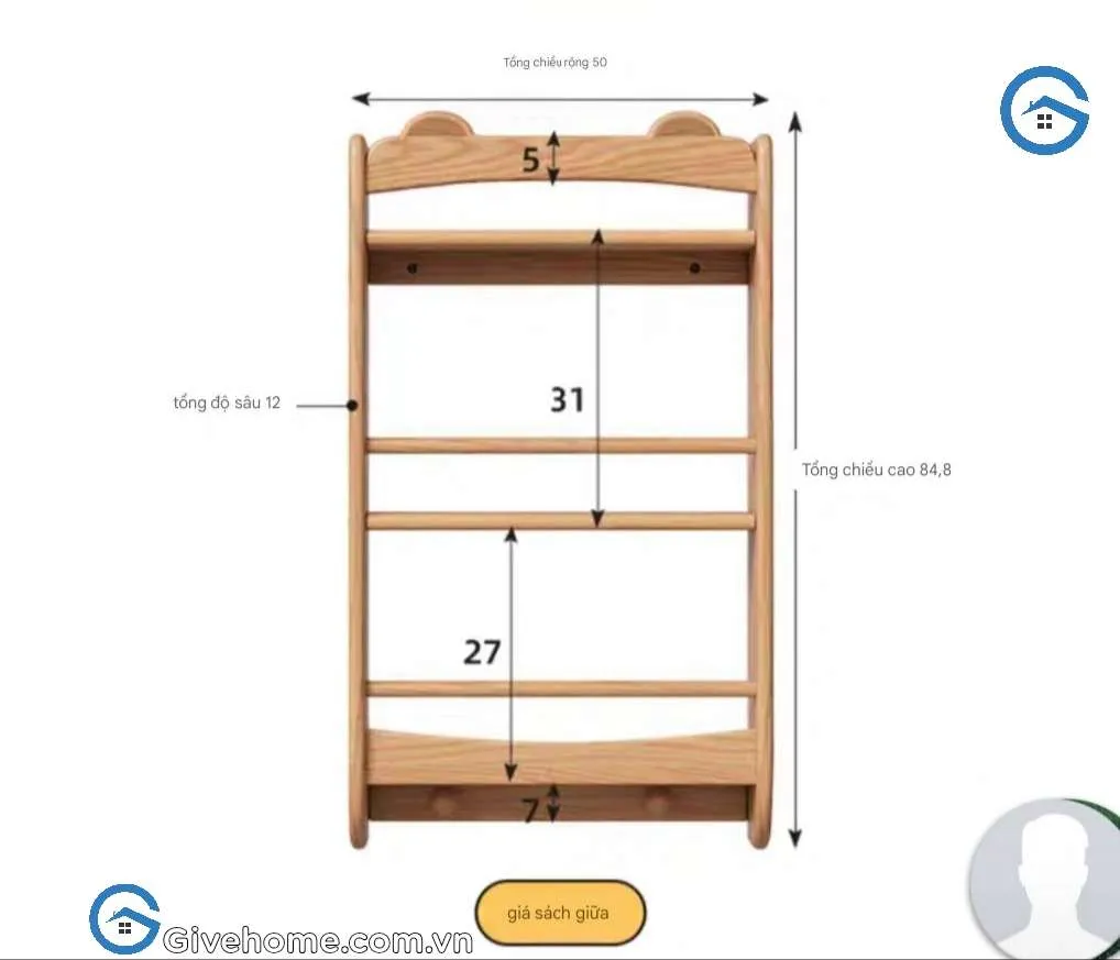Kệ sách treo tường bằng gỗ sồi tự nhiên ở giữa