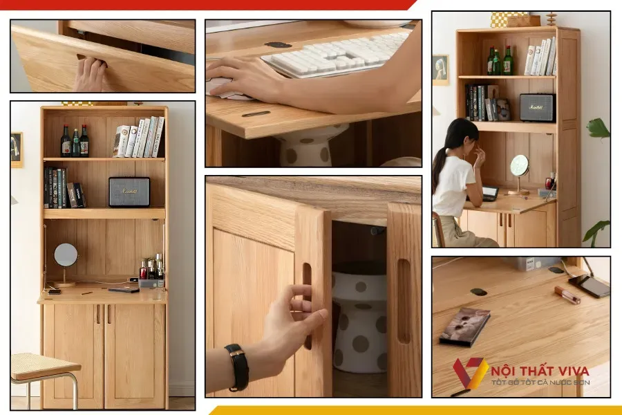 Các ngăn kệ ở mẫu kệ sách bằng gỗ được sắp xếp khoa học