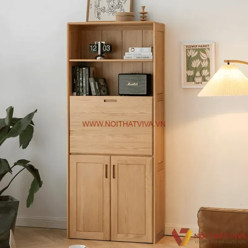 Tủ Kệ Sách Gỗ Tự Nhiên Cánh Mở Ra Thành Bàn Làm Việc Thông Minh