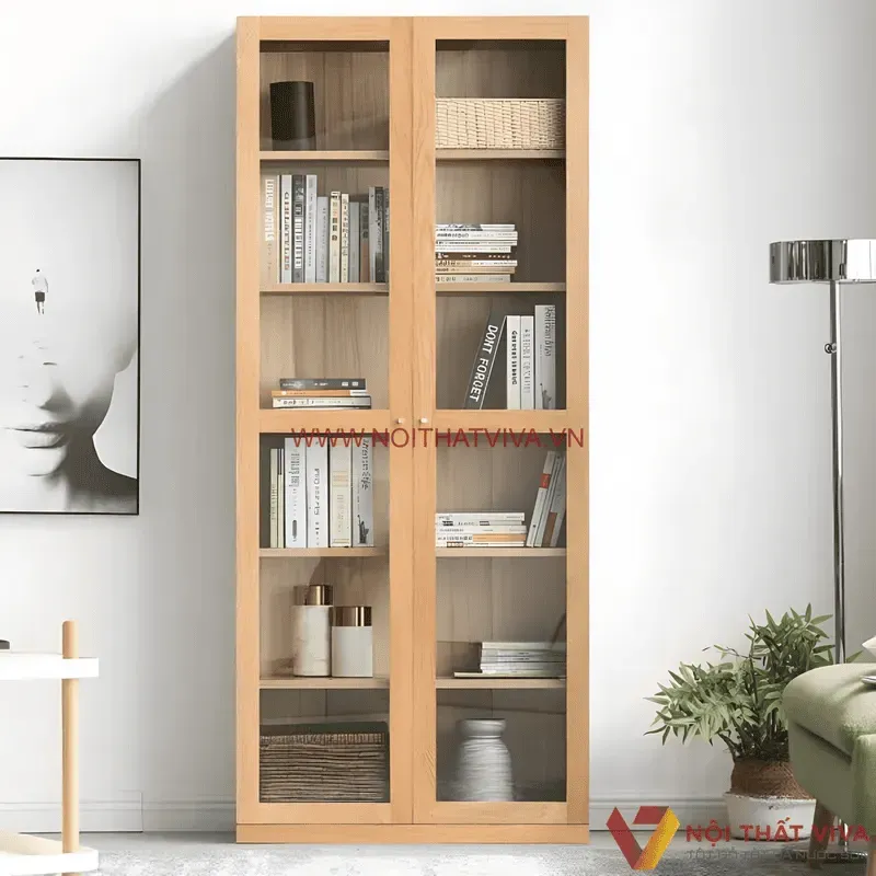 Tủ Sách Đứng Hai Cánh Ốp Kính Đẹp Gỗ Tự Nhiên Hiện Đại
